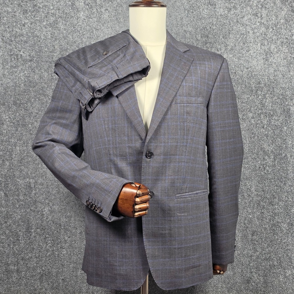 Loro Piana Grayman & Co Suit Men 42R Grey Blue Plaid Wool Mooving Travel 2-Piece